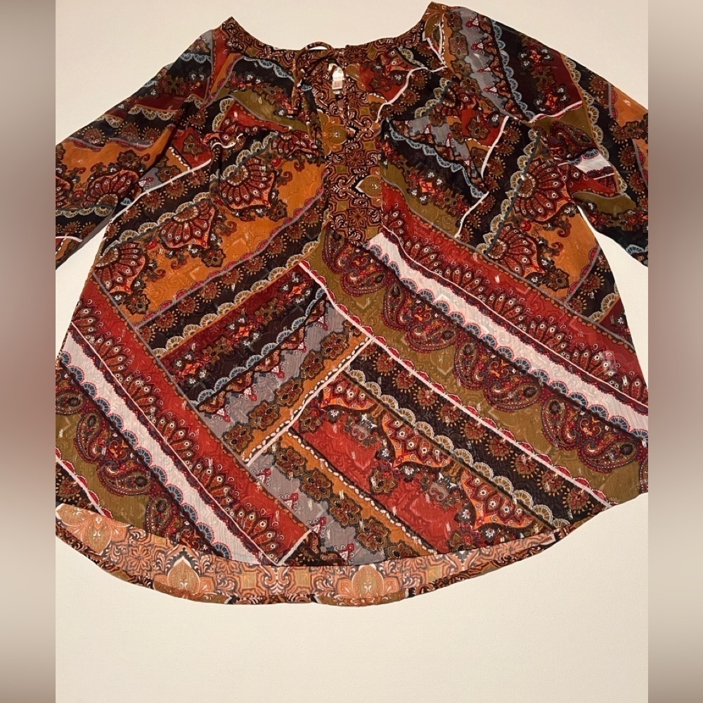 EUC Fig and Flower Anthroplologie Earthtones Patchwork Semi-Sheer Tunic XL (E3) - Picture 9 of 9